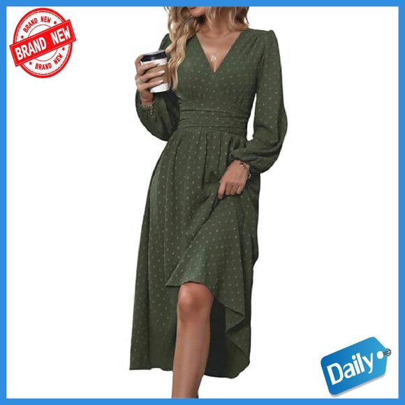 Swiss Dot Maxi Dress V-Neck Long Lantern Sleeves A-Line Flowy - Picture 2 of 8